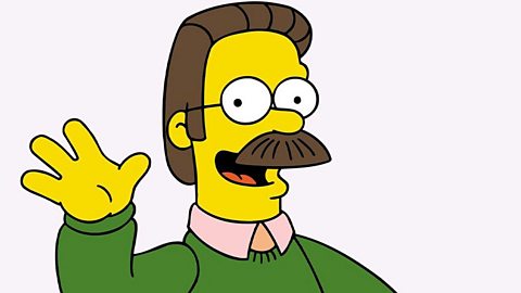Cartoon drawing of Ned Flanders from the Simpson, yellow skin, glasses, brown hair and very thick, bushy walrus moustache