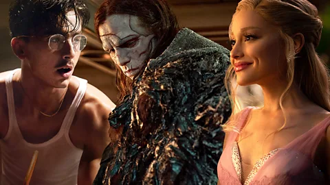 A composite of Timothu00e9e Chalamet as Marty Supreme, Jacob Elordi as Frankenstein's monster and Ariana Grande as Glinda in Wicked (Credit: A24/ Netflix/ Universal Pictures)