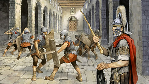 An illustration of Roman soldiers training for battle.