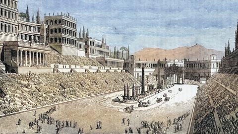 An illustration of chariot racing at the Circus Maximus.