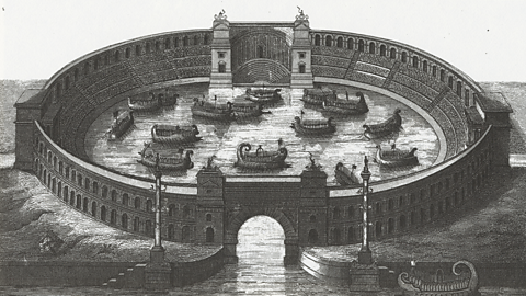 An illustration of a mock naval battle in the Colosseum.