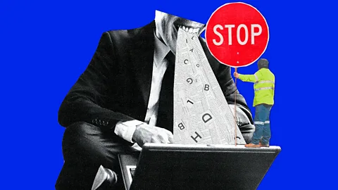 A collage showing a man in a suit with a newspaper coming out of his mouth onto a laptop screen. A small man wearing a high-vis jacket and holding a red stop sign stands next to him, against a blue background (Credit: Serenity Strull/ Getty Images)