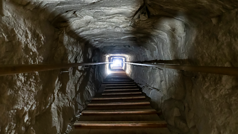 A photo of the inside of the Great pyramid of Giza, Egypt.