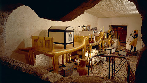 A photo of a replica of Tutankhamun's tomb as it was discovered by Howard Carter in 1922.