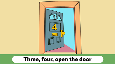 A cartoon front door open with the words three four, open the door below it
