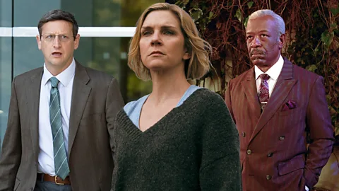 A composite of Tim Robinson in The Chair Company, Rhea Seehorn in Pluribus in Severance and Lennie James in Mr Loverman (Credit: Yun Sun Park/ BBC)