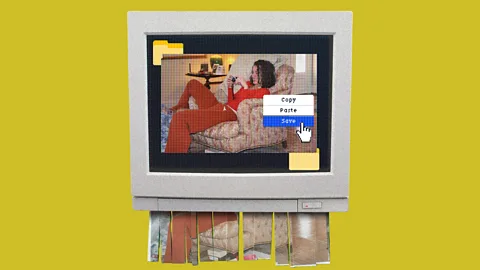 A boxy computer monitor showing an image of a girl on an armchair, with the options "copy, paste and save", and the same image being shredded beneath it (Credit: Serenity Strull/ Julia Bensfield Luce)