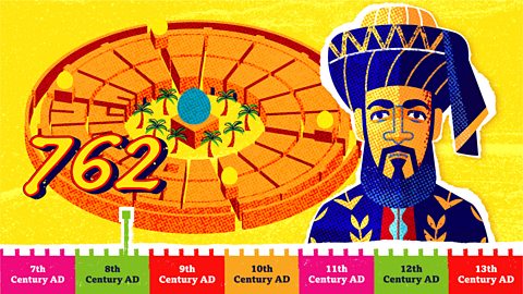 The timeline marker moves to AD762, showing the early city of Baghdad and a man wearing fancy clothes and a large turban.