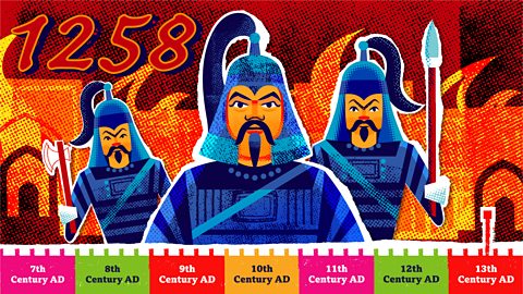 The timeline marker moves to AD1258, showing three soldiers carrying weapons and burning buildings in the background.