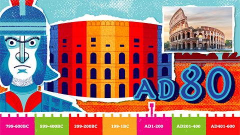 The timeline marker moves to AD80, showing a Roman soldier standing in front of the Colosseum. There's a smaller photo of what the Colosseum looks like today to compare.