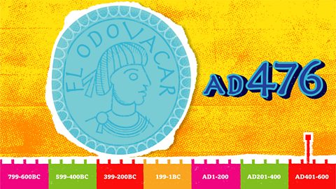 The marker moves to AD476, and shows a picture of a coin depicting the German prince, Odovacar.