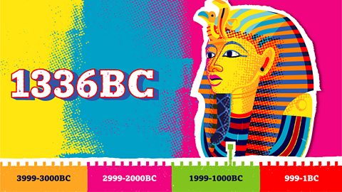 The timeline marker moves to 1336BC, showing the golden death mask of Pharaoh Tutankhamun.