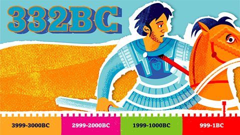 The timeline marker moves to 332BC, with a picture of explorer and warrior Alexander the Great riding a horse.