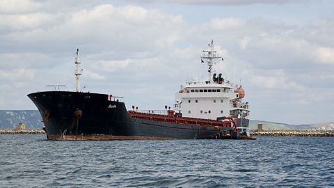 The bulk carrier ship Bude at anchor in Portland Harbour, Dorset.