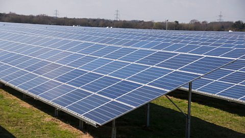 Large fields filled with rows of solar panels.