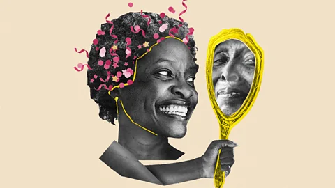 A collage of a woman smiling at a mirror, the reflection shows an older woman looking back at her (Credit: Serenity Strull/ BBC)