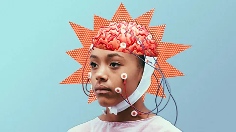 An illustration of a woman wearing a head-scanning kit with wires, with a superimposed brain showing (Credit: Serenity Strull/ BBC)