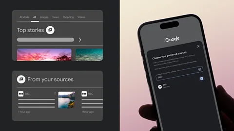 A composite of a Google search page with articles from the BBC, and a Google settings page on a phone selecting BBC as a "preferred source" (Credit: BBC)