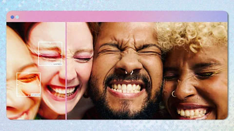 Four friends smiling in a picture shown on a computer screen with graphical pop-up boxes showing AI edits (Credit: Serenity Strull/ BBC)