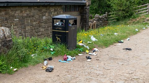 A bin on a rural path has over spilled and rubbish is strewn around it as a consequence.