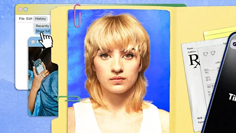 An illustration showing a picture of a woman in folder with other private information and a web browser behind it (Credit: Serenity Strull/BBC)