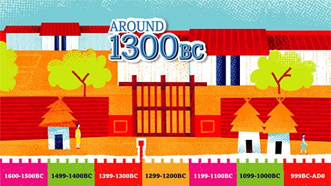 The timeline stays at the bottom of the image. A marker is shown at 1300BC, the picture shows buildings in the capital city. Noble houses are large and in the distance.