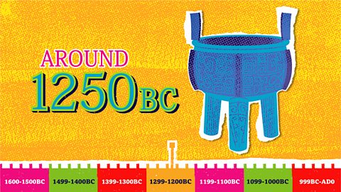 The timeline marker moves to 1250BC, with a picture of a detailed bowl with three legs made of bronze.