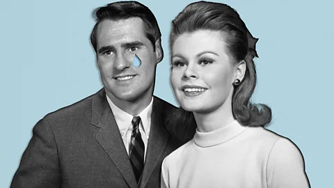 Illustration showing a black and while image of a man and a woman, with a tear cut out on the man's cheek (Credit: Getty Images/ Javier Hirschfeld/ BBC)