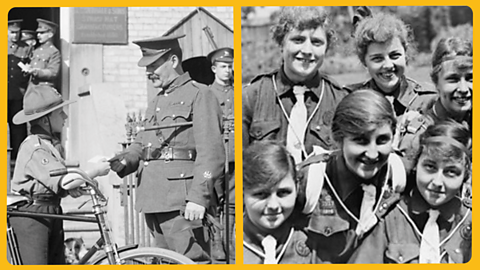 A boy scout delivering a message to a soldier and a group of young girls in uniform