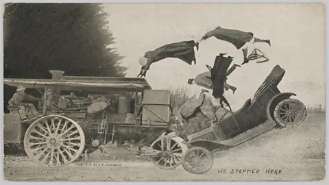Black-and-white vintage photo montage of two vehicles colliding and appearing to be thrown upwards out of of the car (Credit: Courtesy of the Rijksmuseum)