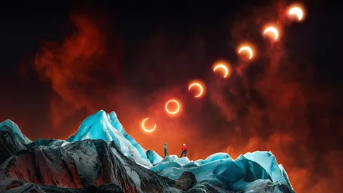 Breathtaking solar eclipse over glacier in Patagonia