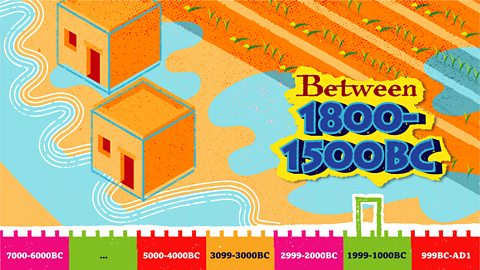 The timeline marker stretches between 1800 and 1500BC, showing houses and crops being flooded by the Indus River.