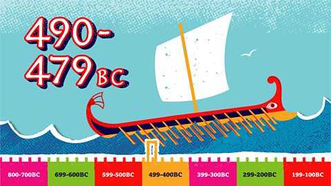 The timeline marker stretches between 490 and 479BC, showing a Trireme ship on the ocean.