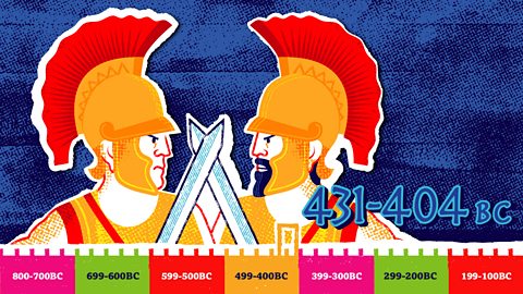 The timeline marks a stretch of time, starting in 431BC and ending in 404BC. The picture shows two Greek soldiers fighting each other.