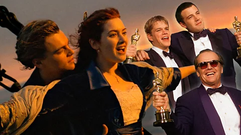 A composite of Leonardo DiCaprio and Kate Winslet in Titanic, next to Ben Affleck, Matt Damon and Jack Nicholson holding Oscars (Credit: BBC/ Getty Images)