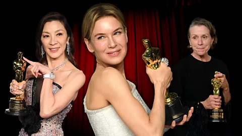 Collage of Michelle Yeoh, Renée Zellweger and Frances McDormand holding Oscars (Credit: Getty Images)