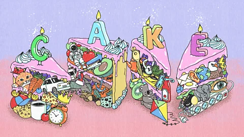 An illustration of pieces of cake are filled with things beginning with the letter C, A, K, E(Credit: Emmanuel Lafont)