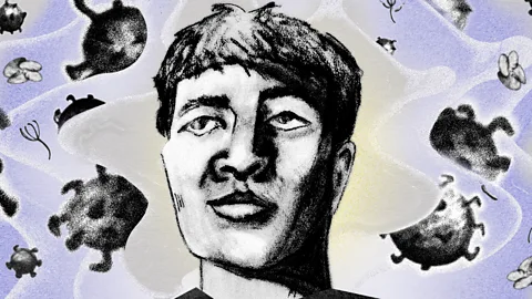 Illustration of man surrounded by pollen spores (Credit: Serenity Strull/BBC)