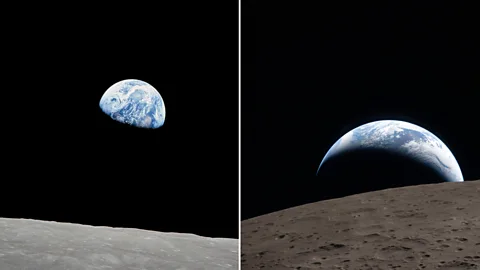 Two images are shown side-by-side of the Earth visible above a cratered lunar landscape in space (Credit: Nasa)