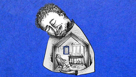 An illustration of a man cradling a home in his arms (Credit: Serenity Strull/ BBC)