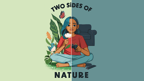 A girl sat in split screen one side of her in nature, one side in her living room playing games
