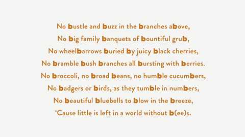No bustle and buzz in the branches above, No big family banquets of bountiful grub, No wheelbarrows buried by juicy black cherries, No bramble bush branches all bursting with berries. No broccoli, no broad beans, no humble cucumbers, No badgers or birds, as they tumble in numbers, No beautiful bluebells to blow in the breeze, ‘Cause little is left in a world without b(ee)s.