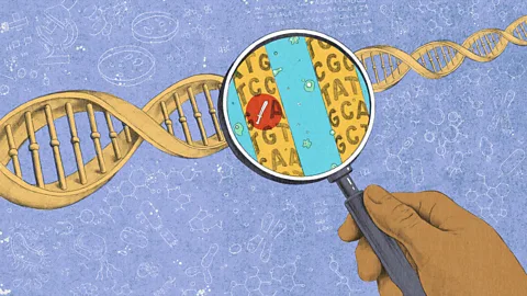 An illustration shows a hand holding a magnifying glass up to a DNA double helix, showing the base pairs there. There is a tiny sword encircled in red on top of one of them (Credit: Emmanuel Lafont)