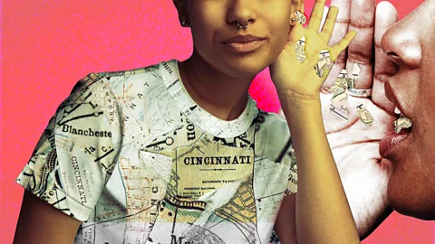 A collage showing a woman wearing a t-shirt with a map of Cincinnati on it, holding her hand to her ear while another person's mouth appears to speak to her (Credit: Serenity Strull/ BBC/ Getty Images)