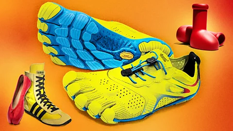 A composite collage of diffferent "ugly shoe" – including MSCHF Big Red Boots, Vibram FiveFingers V-Run running shoes, a split-toe ballet flat and Japan H Sneakers in Yellow Core Black (Credit: Serenity Strull/ BBC)