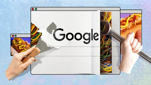 One hand uses a scraping tool and another hand uses a wrench on a computer window of the Google homepage (Credit: Serenity Strull/ BBC/ Getty Images)