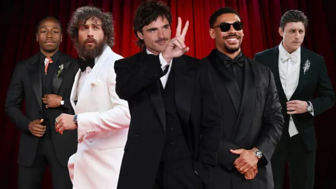 A composite image of five men in suits: David Jonsson, Aaron Taylor Johnson, Jacob Elordi, Aaron Pierre and Tom Francis (Credit: Getty Images/ BBC/ Javier Hirschfeld)