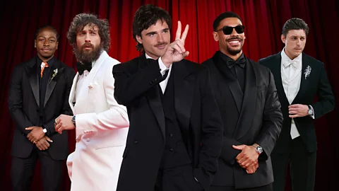 A composite image of five men in suits: David Jonsson, Aaron Taylor Johnson, Jacob Elordi, Aaron Pierre and Tom Francis (Credit: Getty Images/ BBC/ Javier Hirschfeld)