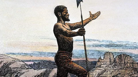 A depiction of Estevanico, holding a halberd with his arms outstretched atop a scenic outlook (Credit: Granger)