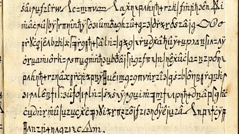 An encrypted page from the Copiale cipher covered in handwritten symbols and letters (Credit: Beáta Megyesi)